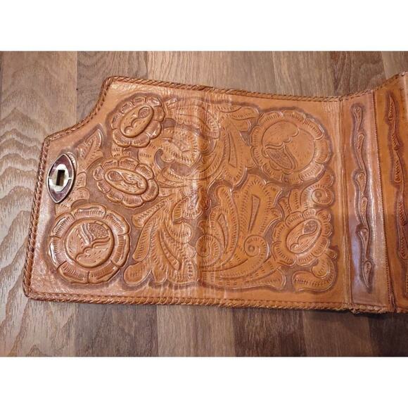 Vintage Large Leather Hand Tooled Brown Shoulder Bag Purse Tri fold Organizer - Picture 9 of 16